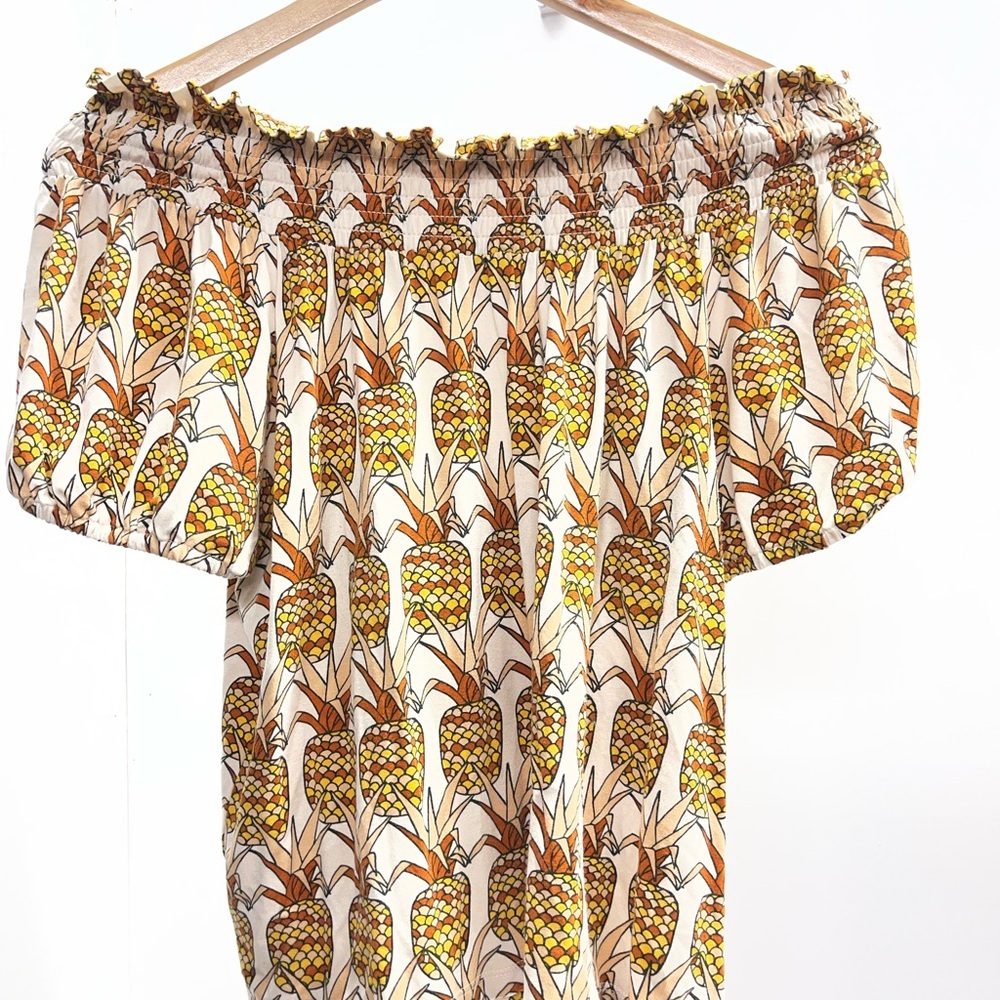 Anthropologie Porridge Off-Shoulder Pineapple Print Top with Rust Bow - Picture 3 of 6